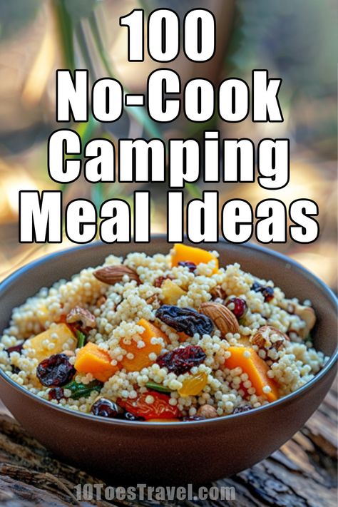 Sometimes you don't want to build a fire, or pack along a camp stove, but you still need some ideas as to what to make to eat when you are camping. These easy no-cook camping meal ideas are the perfect thing for when you are camping and don't want to cook. No Cook Camp Food, Easy Camping Meals No Fire, Things To Cook Over A Fire Pit, Easy No Cook Camping Meals, Camping Meal No Refrigeration, No Mess Camping Meals, Eco Camping Ideas, Meal Ideas For Camping Easy Recipes, No Heat Camping Meals