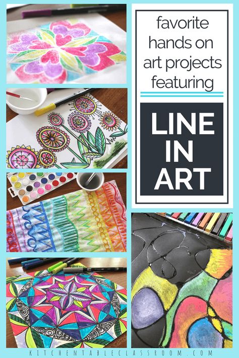 Teaching the element of line in art is a fun & easy way to start with the elements of art. Use these printable resources & hands on activities to start now! Elementary Art Kindergarten, Element Of Line, Elements Of Art Lessons Elementary, Element Of Line Art Project For Kids, Elements Of Art Line Examples, Element Of Art Space Lessons, Elementary Art Lessons About Lines, 7 Elements Of Art, Elements Of Art Line