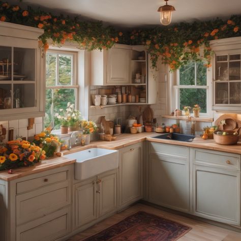 Kitchen Fairycore, Fairycore Kitchen Aesthetic, Cottage Core Meals, Cottage Core Aesthetic Kitchen, Grandma Core Kitchen, Fairy Kitchen Aesthetic, Fairycore Kitchen, Grandma Core Bedroom, Cottage Core Houses