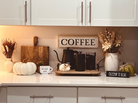 Fall decor, coffee bar, French press, Cute Coffee Bar, Cute Fall Decor, House Vibes, Cute Coffee, Coffee Kitchen, House Inspo, Coffee Bar, Fall Decor, Building A House