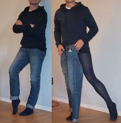 Winter men wear pantyhose under jeans to keep warm 1 Tights Under Jeans, Tights For Men, Navy Tights, Men Wearing Skirts, Guy Fashion, Tights Fashion, Pantyhose Fashion, Nylon Leggings, Sheer Socks