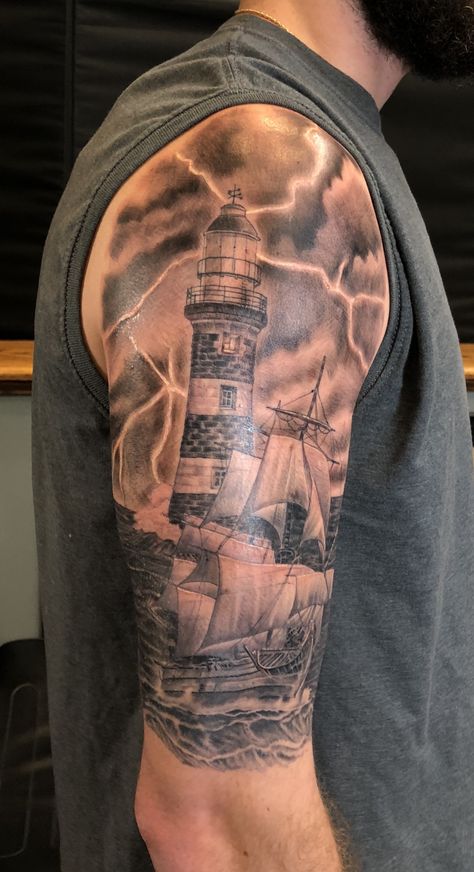 Boat Arm Tattoo, Ship Half Sleeve Tattoo, Lighthouse And Waves Tattoo, Nortical Tattoo Sleeve, Upper Half Sleeve Tattoos For Men, Lighthouse Tattoo For Women Half Sleeves, Half Sleeve Upper Arm Tattoos For Guys, Lighthouse Ship Tattoo, Lighthouse Forearm Tattoo