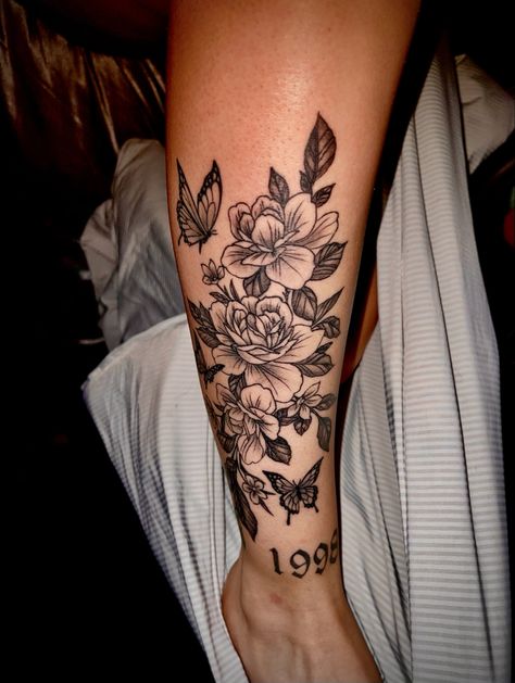 Tattoo , rose , butterflies , shin tattoo , women Tattoo Flowers Leg, Flowers Leg Tattoo, Small Tattoos Traditional, Sleeve Tattoos Floral, Women Leg Tattoos, Flower Butterfly Tattoo, Small Tattoos Minimalist, Calf Tattoos For Women, Tattoo Ideas Minimalist