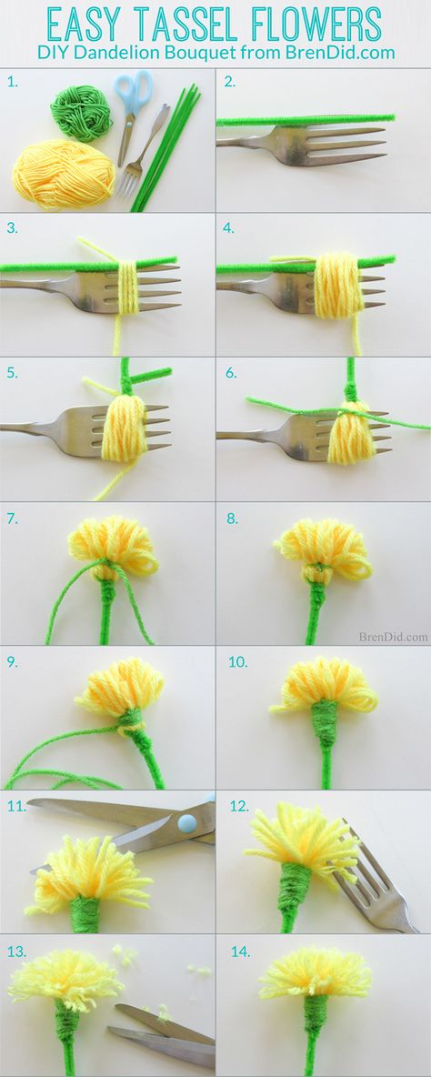 Easy Tassel Flowers: DIY Dandelion Bouquet | http://brendid.com/easy-tassel-flowers-diy-dandelion-bouquet/ Diy – Velikonoce, Diy Flores, How To Make Tassels, Diy Simple, Mothers Day Crafts, Flowers Diy, Spring Crafts, Cute Crafts, Yarn Crafts