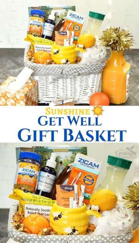 No one likes to be sick. Learn how to put together a simple Ray of Sunshine Get Well Gift Basket for men or women. Any loved one with the common cold will appreciate this homeopathic remedies recovery care package, to get feeling better faster. Sunshine Basket, Get Well Soon Basket, Gift Basket For Men, Get Well Baskets, Sick Gift, Get Well Gift Baskets, Feel Better Gifts, Care Basket, Surgery Gift