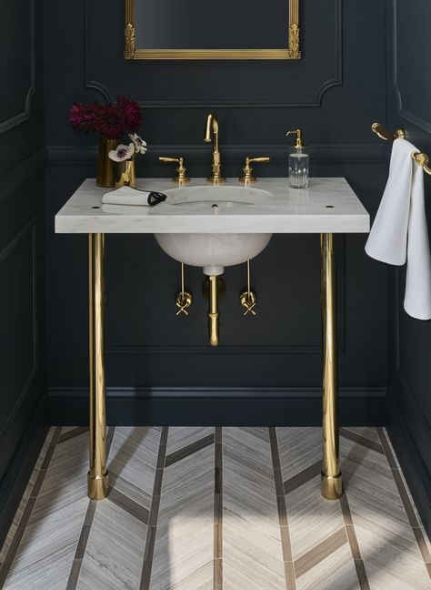 Waterworks Foro Faucet in unlacquerd brass on the Opus Metal Round Single Two Leg Washstand is a classic example. Also shown the Masterpiece Twill Stripe mosaic floor. Console Sink, Powder Room Design, Cheap Bathrooms, Downstairs Bathroom, Bathroom Pictures, Bathroom Design Luxury, Lavatory Faucet, Rustic Bathroom, Black Bathroom