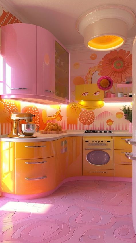 Fun House Interior, Pink Decor Kitchen, Fun Colorful Kitchen, Rainbow House Exterior, Pink Orange Kitchen, Colorful Vintage Aesthetic, Bright Colors Aesthetic, Colorful Minimalism, Bright Home Decor