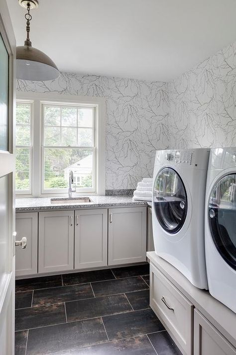 Laundry Room Gray, Laundry Wallpaper, Washer And Dryer Pedestal, Transitional Laundry Room, Blue Laundry Rooms, Fitted Cabinets, Laundry Room/mud Room, Small Laundry Room Organization, Laundry Room Wallpaper