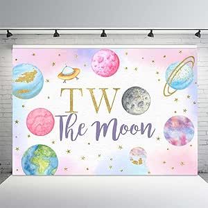 Decor Photobooth, Moon Backdrop, Pink Gold Party, Moon Birthday, Two The Moon, Diy Birthday Backdrop, Photobooth Props, Galaxy Planets, Cake Banner Topper