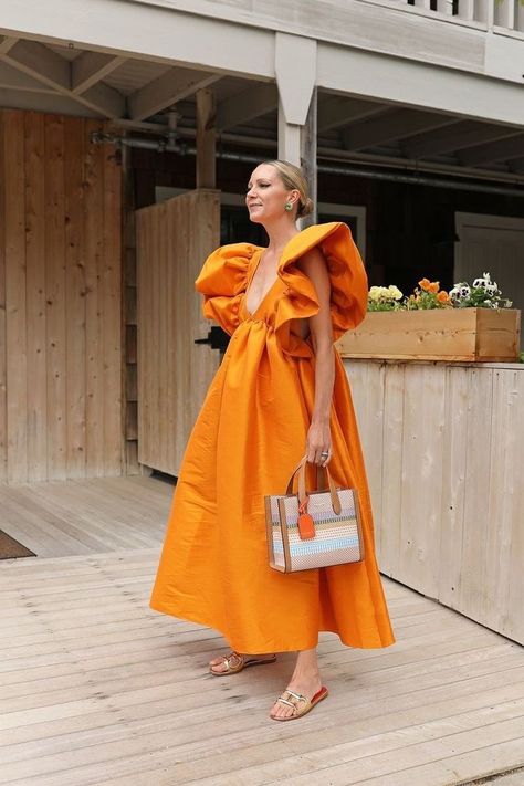 Bohemian Classic Style, 1950s Party Outfit, Marigold Outfit, 2023 Runway Fashion, Orange Clothes, Structured Dresses, Marigold Dress, Blair Eadie, Atlantic Pacific