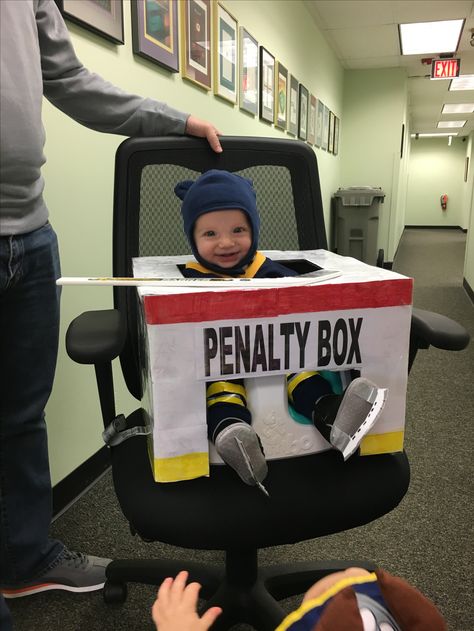 Infant Halloween costume - hockey player in a penalty box Penalty Box Costume, Hockey Player Halloween Costume, Sporty Halloween Costumes, Stanley Cup Costume, Hockey Halloween Costume, Hockey Player Costume, Stroller Costume, Christmas Goals, Hockey Halloween