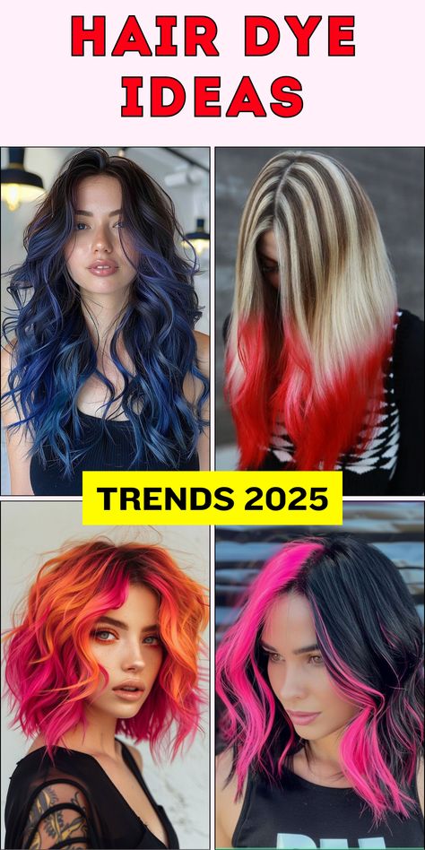 Explore 21 hair dye ideas for 2025, showcasing a spectrum of shades like blonde, brunette, and bold green. Perfect for curly hair, short hairstyles, or black hair, these cool and unique options cater to black women, men, and brunettes. Add dimension with two-color combinations or embrace fun red tones for a vibrant twist. These hair dye ideas ensure a flawless transformation for every style and occasion. Lime Green And Orange Hair, Beach Ball Hair Color Technique, Half Dark Brown Half Red Hair, Black And Red Hair Peekaboo Highlights Underneath, Hair Cor Ideas, Touch Of Color Hair, Different Color Roots Hair, Blue Ends Hair Blonde, Vivid Hair Color Blocking