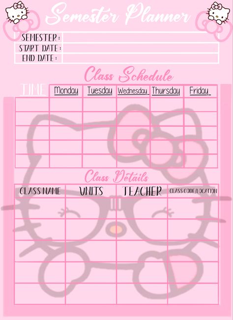 Hello Kitty School Schedule, Hello Kitty Schedule, Hello Kitty Template Free Printable, Girly Planner Ideas, Hello Kitty Planner Template, Sanrio Timetable Template, Hello Kitty Digital Planner, Hello Kitty Monthly Planner, Hello Kitty Daily Planner