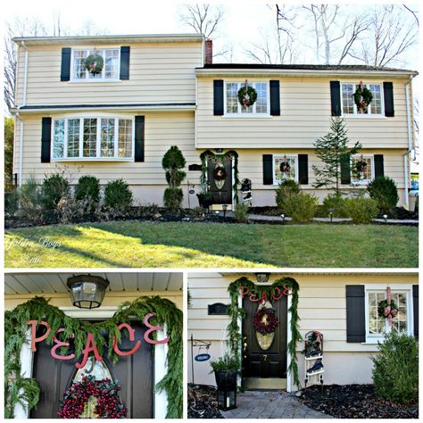 Split level home decorated for Christmas with Peace letters over door and fresh wreaths and garland - www.goldenboysandme.com Decor In Kitchen, Fresh Wreaths, Cozy Christmas Home, Farmhouse Holiday Decor, Split Level Home, Christmas Lights Outside, Split Foyer, Christmas House Tour, Christmas Vignettes