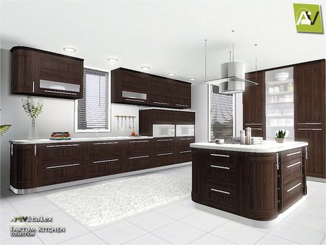 Sims 3 Rooms, Sims Clutter, Sims Car, Mansion Kitchen, Ts3 Cc, Sims 4 Kitchen, Dark Wood Kitchens, Kitchen Fridges, Brown Cabinets