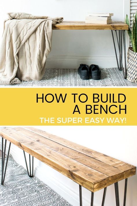 Learn how to build a bench for your home. Using 2 x 4 wood and hairpin legs. Easy bench plans included / Grillo Designs www.grillo-designs.com Build A Bench, Diy Bank, Koti Diy, Diy Crate, Sliding Drawers, Woodworking Bench Plans, Carpentry Projects, Bench Ideas, Small Woodworking Projects