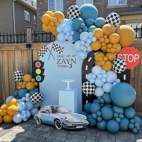 Amazon.com: 134Pcs Blue Balloon Arch Garland Kit,Dusty Baby Blue and Yellow Checkered Balloons for Race Car Truck Two Fast Hot Wheels Boy's Birthday Party Supplies Decorations Baby Shower Gender Reveal : unknown author: Toys & Games Blue Car Birthday Theme, Hot Wheels Balloons, Hot Wheels Decor, Car Baby Shower Theme, Boy Balloon Garland, Checkered Balloons, Car Party Theme, Hot Wheels Birthday Party Ideas, Hot Wheels Party Decorations