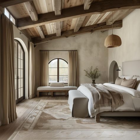 For me, a bedroom must be cozy, warm and relaxing! I love how organic and tranquil this space is, and the texture of the lime wash and beams adds a rustic feel that helps create warmth. What’s a must have in your primary space? ✨ AI Design: @oakhavendesignco . . . . . . . . . . #virtualdesign #virtualdesignservices #edesign #virtualhomedesign #moodboards #luxeathome #visionboards #prettylittleinteriors #interiorstyle #smmakelifebeautiful #housebeautiful #neutral #neutralhome #idcoathome #cu... Lime Wash Bedroom, Rv Decorating, Mediterranean Bedroom, Rustic Mediterranean, Suite Ideas, Italian Bedroom, Lime Wash, Primary Suite, How To Make Decorations