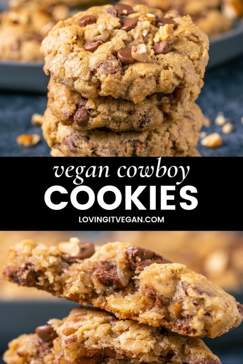 Vegan cowboy cookies are loaded with coconut, pecans, chocolate chips and oats to create a seriously delicious cookie with an amazing texture. Cowboy Cookie Recipe, Vegan Oatmeal Cookies, Oat Cookie Recipe, Vegan Shortbread, Vegan Pecan, Vegan Peanut Butter Cookies, Vegan Holiday Recipes, Vegan Cookie, Vegan Baking Recipes