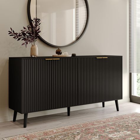 PRICES MAY VARY. [Modern Ripple Design] The Sideboard Buffet Cabinet features a stylish Scandinavian fluted design that adds a sense of flow and movement to your room. Its modern simplicity seamlessly blends style and function, making it an ideal choice for home storage. [Plenty of Space] With a large tabletop and four-door storage, this credenza accent cabinet provides ample space for all your storage needs. The adjustable shelves allow you to organize your items efficiently and make the most o Black Fluted Cabinet, Black And Gold Office Ideas, Living Room Console Table Decor, Buffet Cabinet Decor, Black And Gold Cabinet, Fluted Sideboard, Accent Cabinet Living Room, Shelves Entryway, Rustic Entryway Table