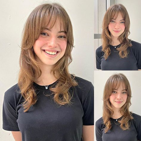 Waterfall Fringe Bangs Are Stunning: 27 Must-See Examples Waterfall Fringe Bangs, Waterfall Bangs Medium Hair, Waterfall Bangs, Uneven Bangs Fringes, Assymetrical Bangs Fringes, Waterfall Curls, Erin Ijesha Waterfall, Shoulder Length Curls, Parted Bangs