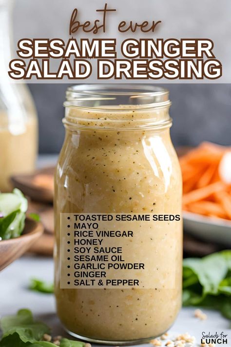 This Creamy Sesame Ginger Salad Dressing is a tangy, nutty, and velvety smooth blend of Asian-inspired flavors, perfect for salads, veggies, or noodles. Made with fresh ginger, tahini, and toasted sesame oil, it’s easy to whip up and irresistibly delicious! Creamy Sesame Salad Dressing, Ginger Sesame Dressing Recipes, Sweet Asian Dressing, Miso Sesame Ginger Dressing, Creamy Asian Dressing, Simple Asian Dressing, How To Make Sesame Oil, Creamy Ginger Salad Dressing, Creamy Sesame Dressing