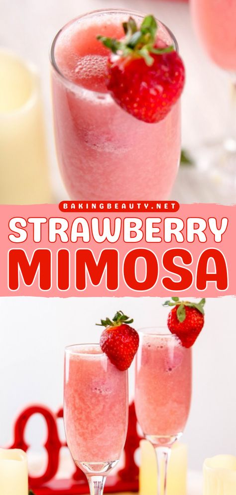 Your Labor Day party ideas must have this alcoholic drink you can make ahead! 6 ingredients are all you need for this easy strawberry mimosa recipe. Beautiful and delectable, this pink mimosa is just perfect. Feel free to mix up the fruit in this simple summer cocktail! Frosty Strawberry Mimosa, Strawberry Basil Mimosa, Easy Frosty Strawberry Mimosas, Prosecco Rose Mimosa, Drinks And Appetizers Parties, Summer Mimosa Recipe, Valentine Mimosa, Pink Mimosa Recipe, Drinks For Brunch