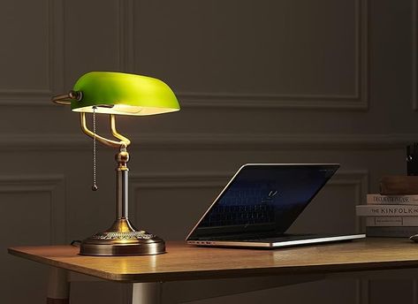 Newrays Green Glass Bankers Desk Lamp with Pull Chain Switch Plug in Fixture - Amazon.com Dark Academia Living Room, Green Glass Lamp, Aesthetic Lamp, Bankers Desk, Lamp Aesthetic, Books Study, Bankers Desk Lamp, Table Lamp Office, Sleek Furniture