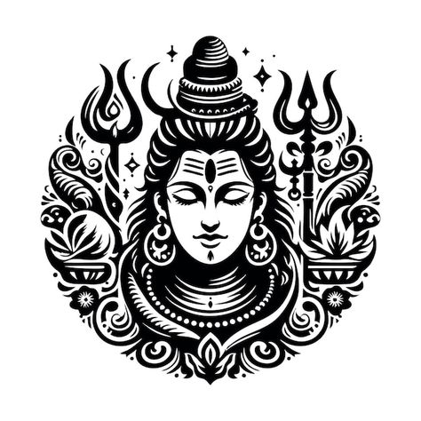 A black and white image of a god with a ... | Premium Vector #Freepik #vector #shiva #mahashivratri #shivaratri #hindu-symbols Logo Design Poster, Hindu Art Symbols, Hindu God Sketch, Lippan Designs, Shiva Vector, Hindu Images, Ramen Logo, Temple Background, Hindu Tattoos