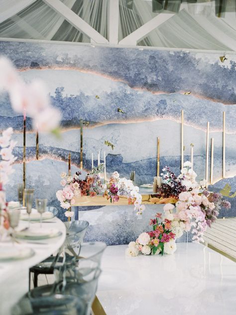 Read More: https://www.stylemepretty.com/vault/image/6920207 Sangjit Decoration, Ocean Wedding Theme, Porcelain Wedding, Ocean Wedding, Wedding Backdrop Design, Engagement Decorations, Wedding Stage Decorations, Dusty Blue Weddings, Backdrop Design