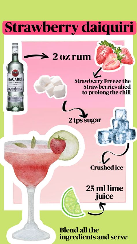 Strawberry daiquiri recipe 🍓🍹#coctail #drinks #fyp #fypshuffle #recipes #strawberry Creative Cocktail Garnishes, Strawberry Daiquiri Recipe, Recipes Strawberry, Daiquiri Recipe, Daiquiri Cocktail, Cocktail Garnish, Strawberry Daiquiri, Creative Cocktail, Fancy Drinks