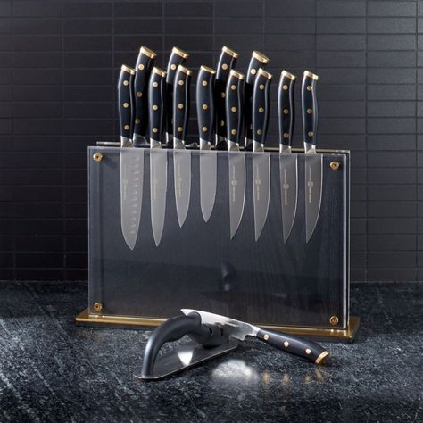 Schmidt Brothers ® Black and Brass 15-Piece Knife Set in Midtown Block Chip And Jo, Knife Storage, Kitchen Cutlery, Knife Block Set, Cutlery Sets, Acrylic Panels, Magnetic Knife Strip, Brass Accents, Knife Set