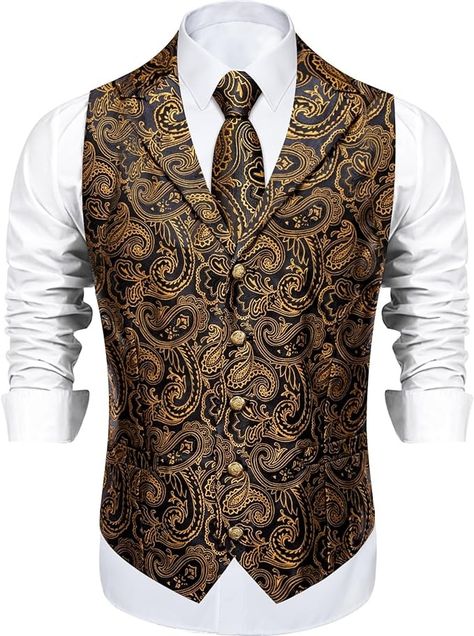 DiBanGu Men's Gold Paisley Suit Vest and Bowtie Set Black and Gold Formal Dress Waistcoat and Necktie with Lapel Pin for Suit or Wedding Tuxedo at Amazon Men’s Clothing store Black Tux Gold Vest And Tie, Gold Fitted Three-piece Suit For Semi-formal, Gold Fitted Three-piece Suit For Formal Occasions, Gold Waistcoat, Gold Fitted Vest, Brocade Vest Men, Gold Formal Dress, Vest And Tie, Suit Waistcoat