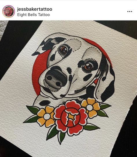 American Traditional Dog Portrait Tattoo, Traditional Pet Portrait Tattoo, Dog American Traditional Tattoo, Dalmation Tattoo, Traditional Dog Portrait Tattoo, American Traditional Dog, Traditional Dog Tattoo, Apprenticeship Portfolio, Dainty Tats