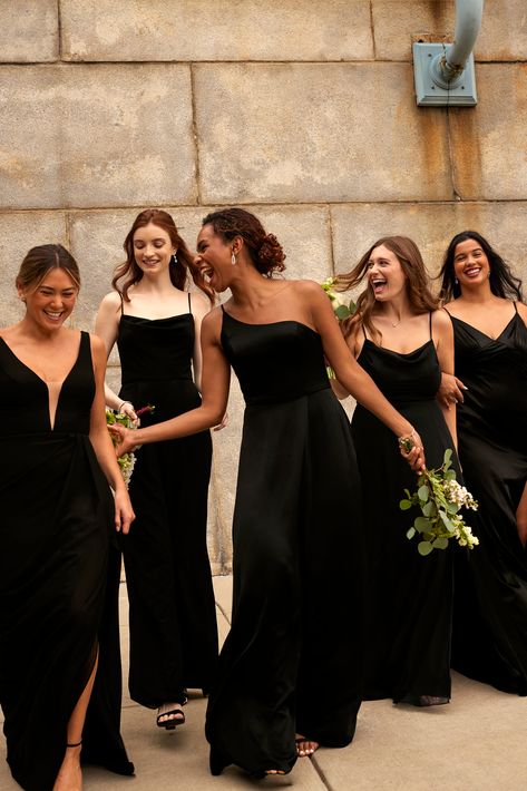 Black Bridesmaid Dresses With Bride, Dark Bridesmaids Dresses, Black Bridesmaid Dresses Mismatched Classy, Black Mismatched Bridesmaid Dresses, Mismatched Black Bridesmaid Dresses, Black Bridesmaid Dresses Mismatched, Bridal Party Mismatched, Black Bridesmaid Dress Mismatched, Black Satin Bridesmaid Dress