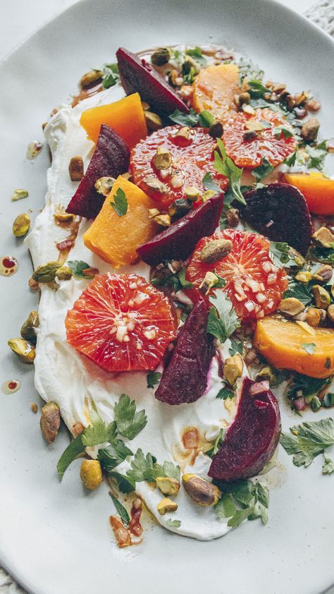 Easy to make, and make ahead, this salad is as beautiful to look at as it is an experience to eat. Sweet, tangy, syrupy, beautifully hued beets and blood oranges are layered atop a rich and creamy Labneh backdrop, punctuated by the crunch of pistachios. See More Low Carb, Keto Salad Recipes at A Cultivated Living Roasted Beet Salad, Healthy Probiotics, Orange Salad, Beet Salad, Roasted Beets, Blood Orange, Beets, Food Inspiration, Salad Recipes