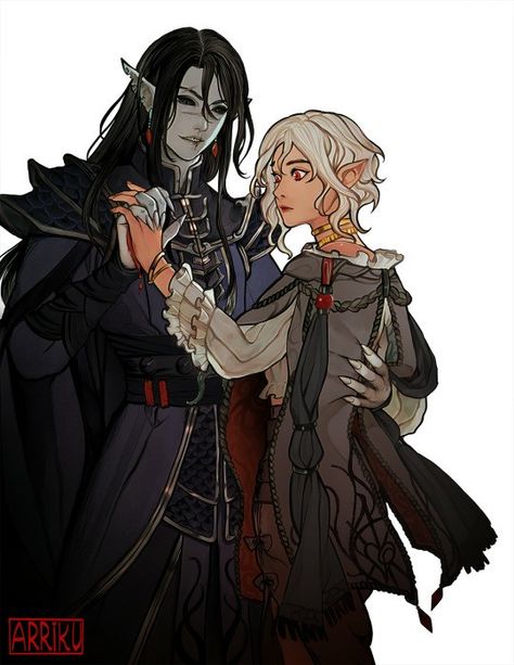 Elf X Human Couple, Dnd Casual Clothes, Dnd Siblings, Elf X Human, Botanist Character Design, Vampire Dnd Character, Dnd Group Art, Dnd Romance, Drow Oc