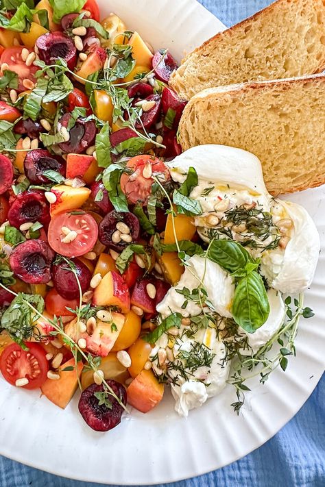 Beautiful summer-on-a-plate salad uses the best of in-season fruit, veggies, and fresh herbs with creamy Baratta cheese. Baratta Salad, Lake Meals, Sweet Salads, Cherry Salad, Stone Gable, Herb Vinaigrette, Best Summer Salads, Asian Inspired Salad, Cherries Salad