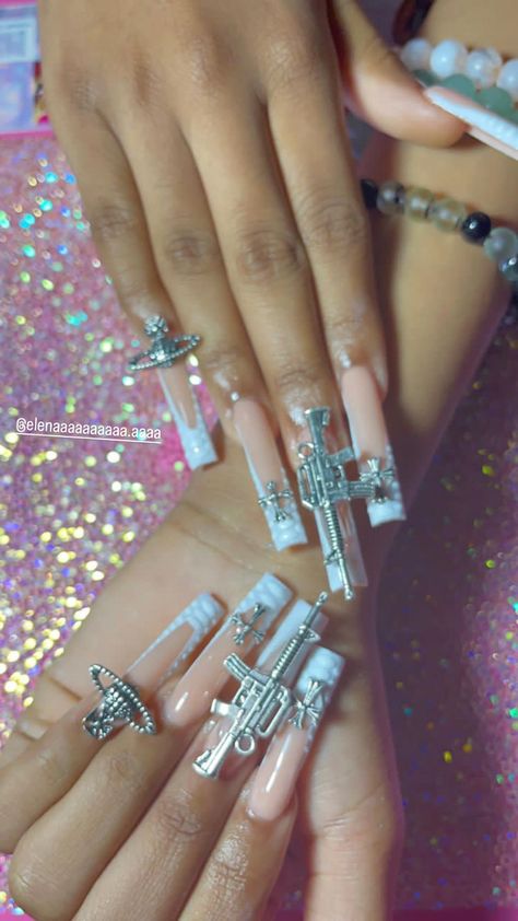 Long Nail With Charms, Ak47 Nails, Long Nails With Charms, Gang Nails, Gangster Nails, Chrome Hearts Nails, White Nail Inspo, Burberry Nails, Nails After Acrylics