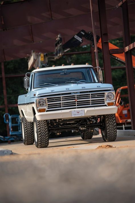 Restored 1968 Ford F250 pickup truck in blue at a construction site Vintage Ford Trucks, Ford Bronco 1996, 1971 Ford F100, Ford Highboy, Classic Trucks For Sale, Nice Trucks, Roadster Shop, Pickup Car, Classic Ford Broncos