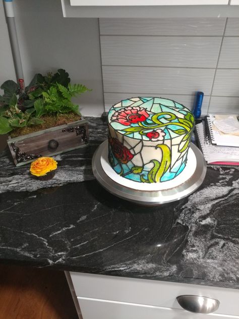 Stained Glass Birthday Cake, Stained Glass Cake Ideas, Mosaic Cake Design, Goth Desserts, Artsy Cake, Booze Cakes, Stained Glass Cake, 22nd Birthday Cakes, Chef Cake