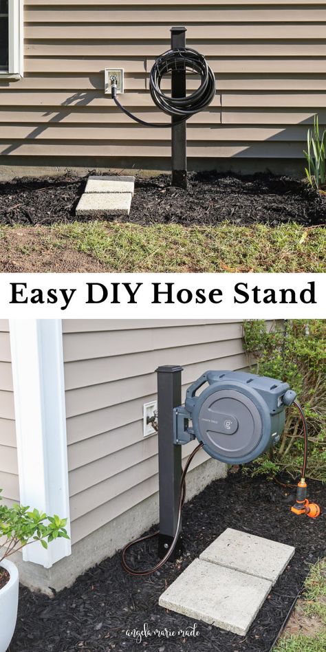 Learn how to build a DIY hose stand for a standard hose or a retractable hose reel and learn how to upgrade your hoses! This DIY garden hose holder is an easy outdoor DIY project! Garden Hose Holder Diy Ideas, Garden Hose Spigot, Easy Outdoor Diy, Hose Stand, Retractable Hose Reel, Retractable Garden Hose Reel, Water Hose Holder, Garden Hose Storage, Yard Ideas Backyard