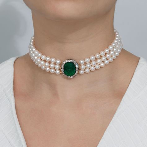 Emerald Pearl Jewelry, Pearl And Emerald Choker, Pearl Diamond Choker, Pearl Emerald Necklace, Emerald Pearl Necklace, Emerald And Pearl Necklace, Pearl And Emerald Necklace, Emerald Choker Necklace, Pearl Jewelry Design Simple