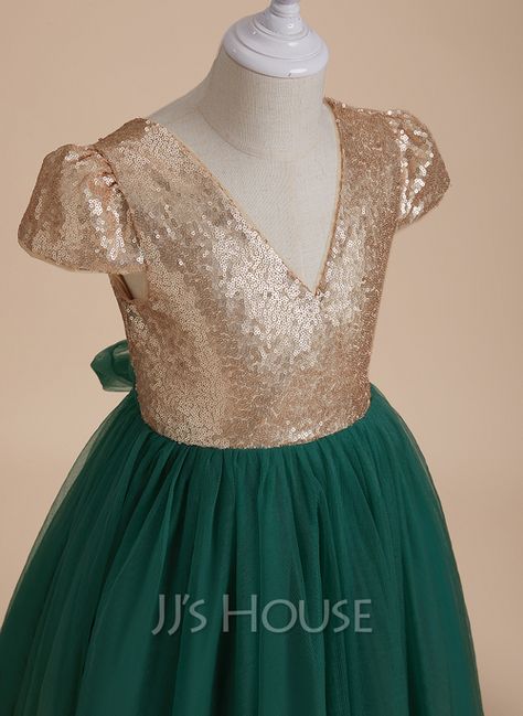 [US$ 30.00] Floor-length Flower Girl Dress - Tulle Sequined Short Sleeves V-neck With Bow(s) V Back Short Flower Dress, Green Flower Girl Dresses, Sequin Flower Girl Dress, V Dress, Ball Gowns Princess, Girl Sleeves, Flower Girl Dresses Tulle, Flower Girl Dress, Floor Length Dresses