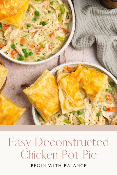 This deconstructed chicken pot pie is one of our favorite recipes for a cozy weeknight dinner. It requires a lot less effort than the classic chicken pot pie without missing any flavor or creamy chicken filling. It's also easily customizable based on any dietary preferences. Deconstructed Pot Pie, Shredded Chicken Pot Pie, High Protein Chicken Pot Pie, Chicken Pot Pie Crustless, Chicken Pot Pie Healthy, Easy Chicken Breast Dinner Recipes, Deconstructed Chicken Pot Pie, Chicken Breast Dinner Recipes, Chicken Pot Pie Easy