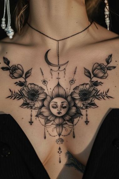 Women Collarbone Tattoo, Neo Traditional Chest Tattoo, Chest Tattoo Designs Female, Collar Bone Tattoos, Traditional Chest Tattoo, 40 Tattoo, Collarbone Tattoo, Throat Tattoo, Moon Tattoos