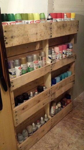 Storage for my paint supplies! Paint Bucket Storage Ideas, Pallet Tool Storage, Tool Shed Organization, Tube Paint Storage Ideas, Pallet Shed Organizer, Paint Storage Ideas, 1 Gallon Paint Storage, Spray Paint Storage, 2 Oz. Paint Bottle Storage Diy