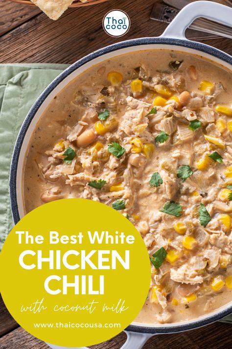 Try one of our easy dinner recipes and dive into the velvety goodness of white chicken chili infused with the luscious creaminess of coconut milk. This recipe is a perfect blend of comfort and exotic flavors that will transport your taste buds to paradise. You don't want to miss out on this delicious twist to a classic chili recipe! Coconut Chicken Chili, White Chicken Chili With Coconut Milk, Ground Chicken Chili, Creamy White Chili, Easy White Chicken Chili, White Turkey Chili, White Chili Recipe, White Chicken Chili Healthy, Classic Chili Recipe