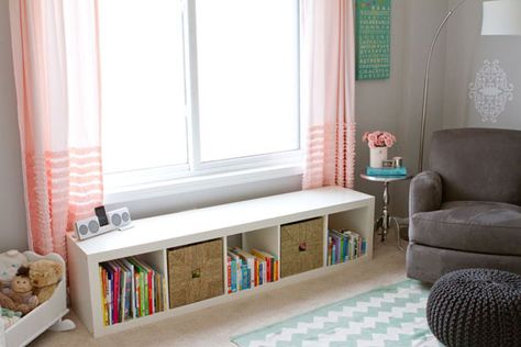 Window seat Low Toy Storage, Window Bookshelf, Bookshelf Bench, Ikea Cubbies, Bookshelf Window, Shelf Bench, Bookcase Bench, Toy Storage Nursery, Living Room Toy Storage