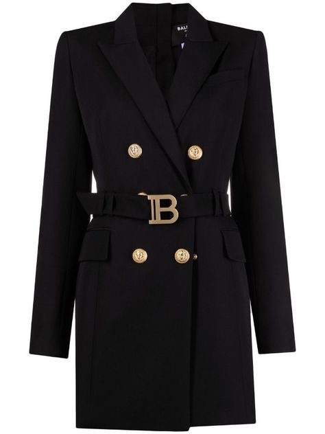 Belted Blazer Dress, Black Dress Jacket, Venus Fashion, Balmain Blazer, Belted Blazer, Long Sleeves Coats, Notched Collar, Wool Dress, Jacket Buttons